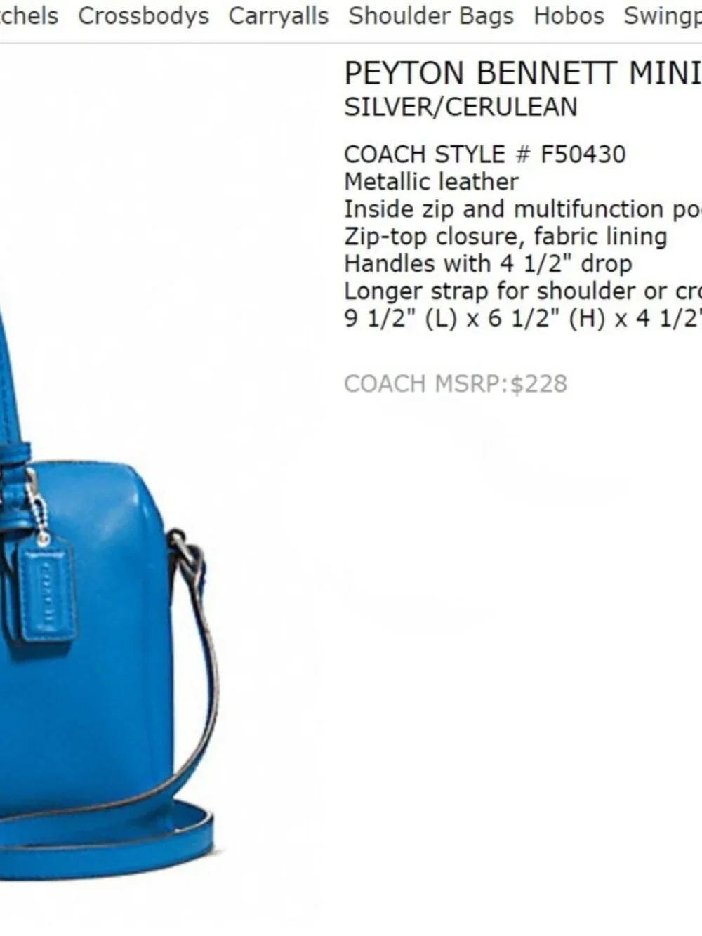 Coach Peyton Bennet Mini Satchel/Sbody - Style F54030 - Bright Blue Leather EUC